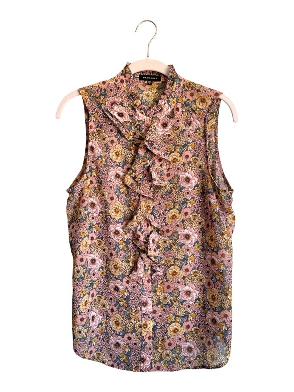 Pleione Women’s Floral Ruffle Sleeveless Button Up Blouse Top Small EUC